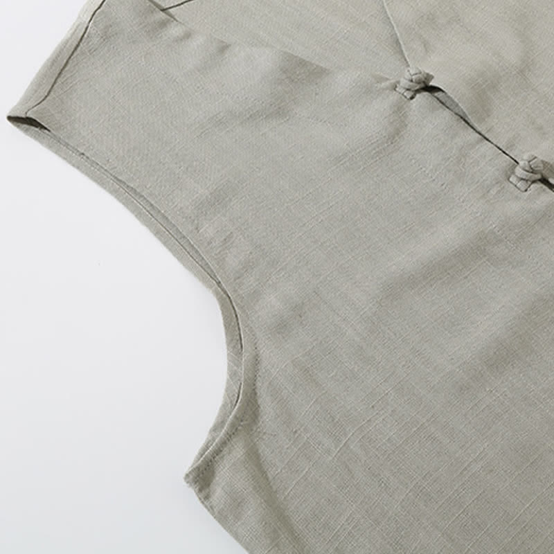 Nimara Ritual Summer Tang Style Casual Frog Button Solid V-Neck Tank Top Men's Sleeveless Shirts With Pockets