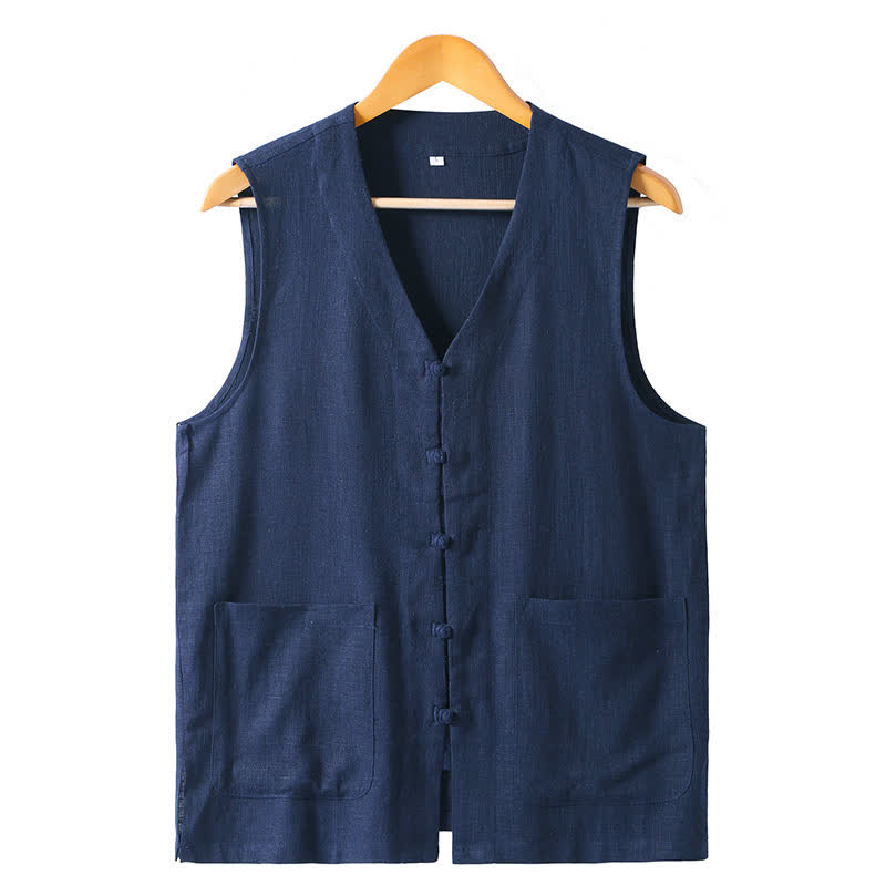 Nimara Ritual Summer Tang Style Casual Frog Button Solid V-Neck Tank Top Men's Sleeveless Shirts With Pockets