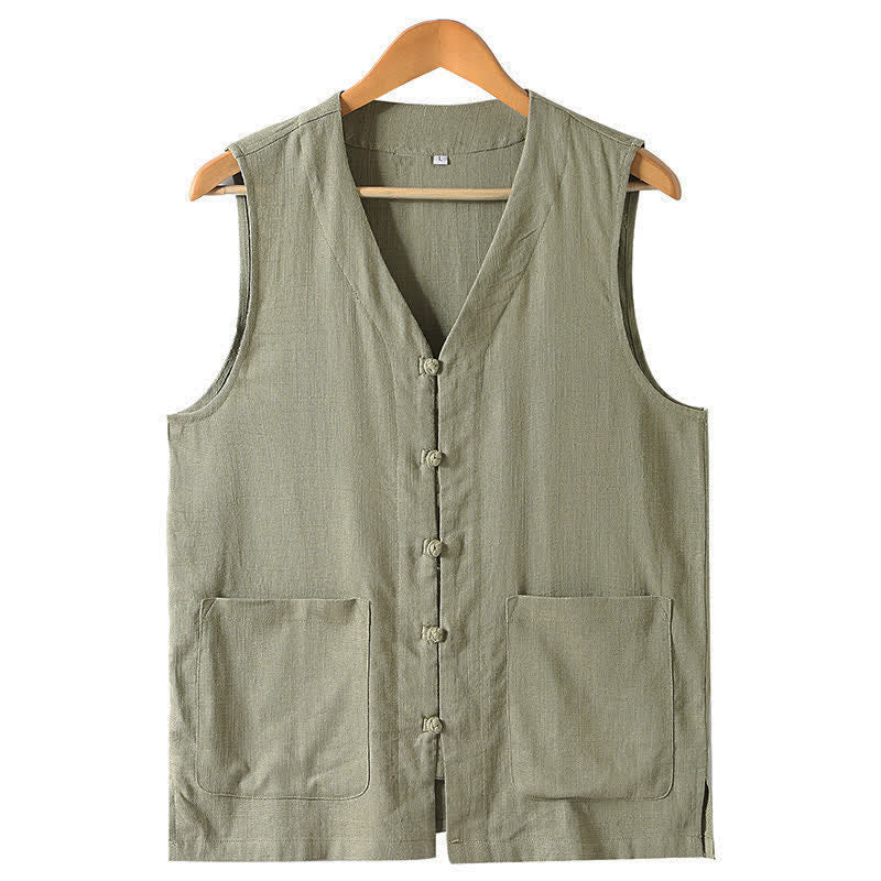 Nimara Ritual Summer Tang Style Casual Frog Button Solid V-Neck Tank Top Men's Sleeveless Shirts With Pockets