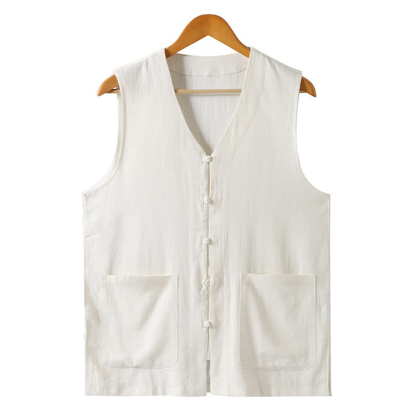 Nimara Ritual Summer Tang Style Casual Frog Button Solid V-Neck Tank Top Men's Sleeveless Shirts With Pockets