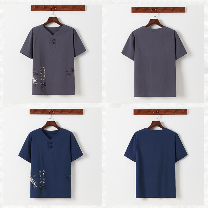 Nimara Ritual 2Pcs Summer Tang Style Casual Frog Button Bamboo Print Cotton Linen Short Sleeve Shirt Pants Men's Meditation Cloth With Pockets