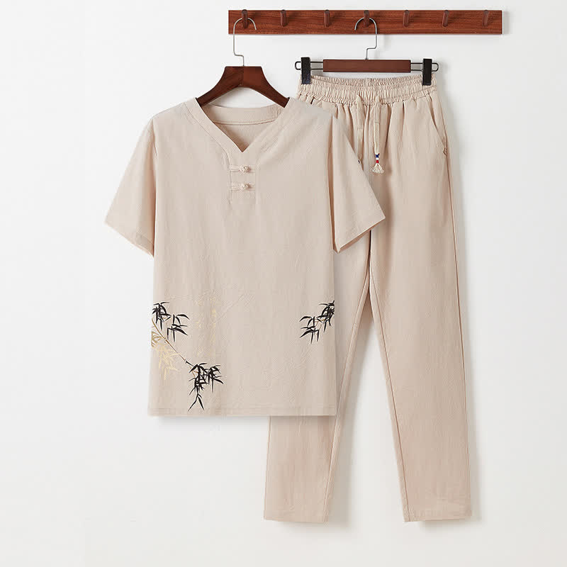 Nimara Ritual 2Pcs Summer Tang Style Casual Frog Button Bamboo Print Cotton Linen Short Sleeve Shirt Pants Men's Meditation Cloth With Pockets