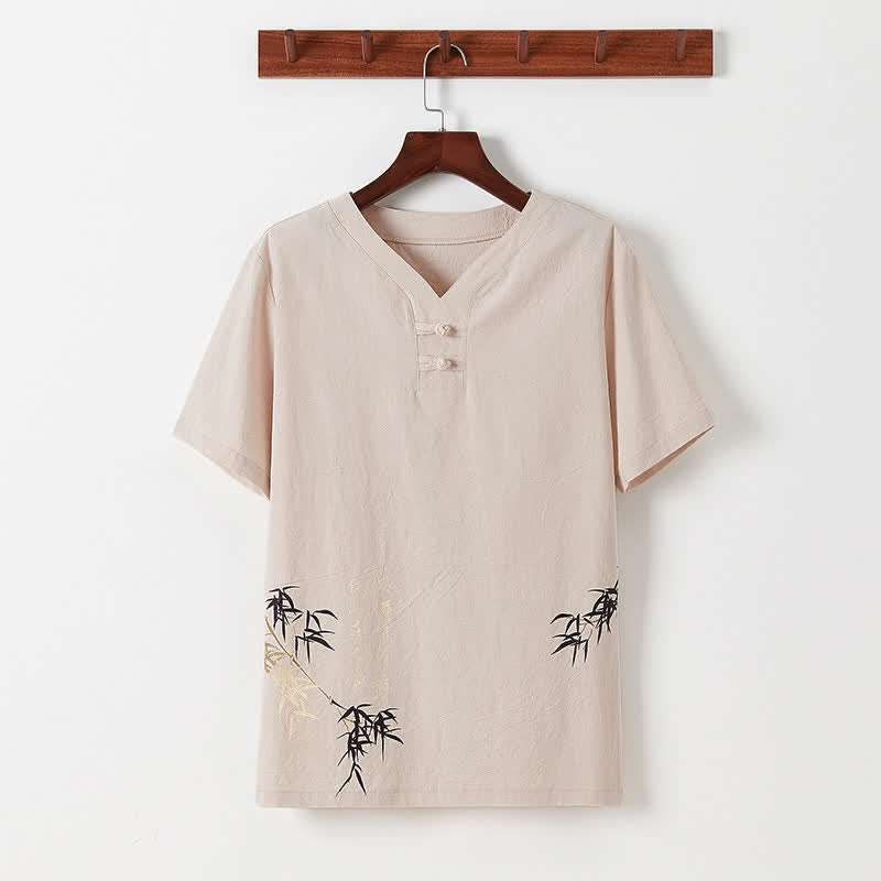 Nimara Ritual 2Pcs Summer Tang Style Casual Frog Button Bamboo Print Cotton Linen Short Sleeve Shirt Pants Men's Meditation Cloth With Pockets