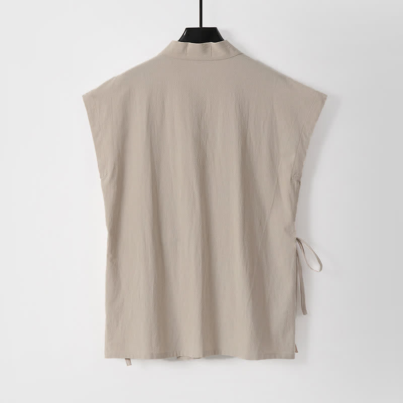 Nimara Ritual 2Pcs Summer Meditation Tang Style Drawstring Solid Cotton Linen Short Sleeve Shirt Shorts Men's Meditation Cloth With Pockets