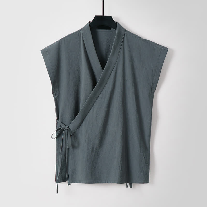 Nimara Ritual 2Pcs Summer Meditation Tang Style Drawstring Solid Cotton Linen Short Sleeve Shirt Shorts Men's Meditation Cloth With Pockets