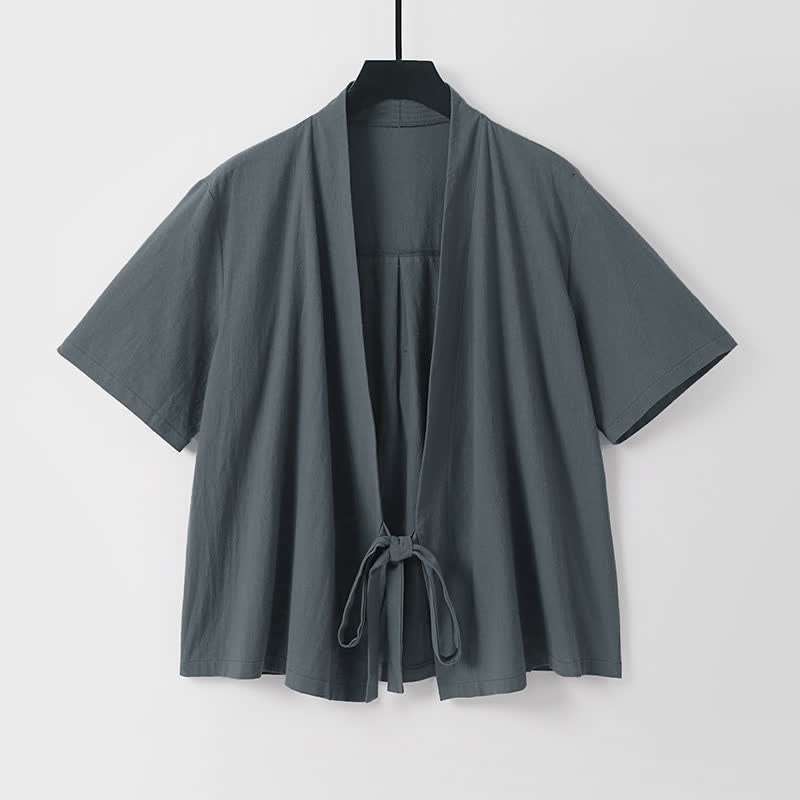 Nimara Ritual Summer Casual Minimalist Short Sleeve Solid Lace-up Open Front Cotton Linen Men's Kimono