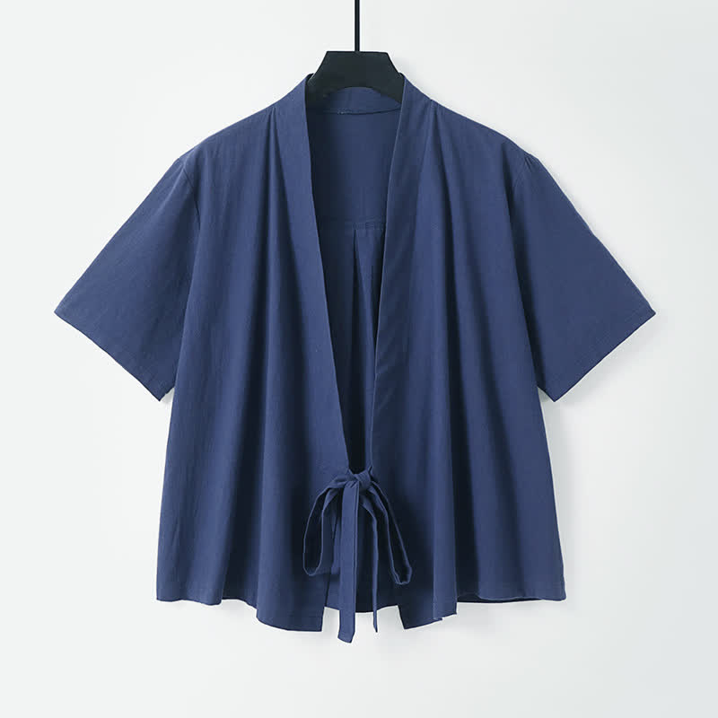 Nimara Ritual Summer Casual Minimalist Short Sleeve Solid Lace-up Open Front Cotton Linen Men's Kimono