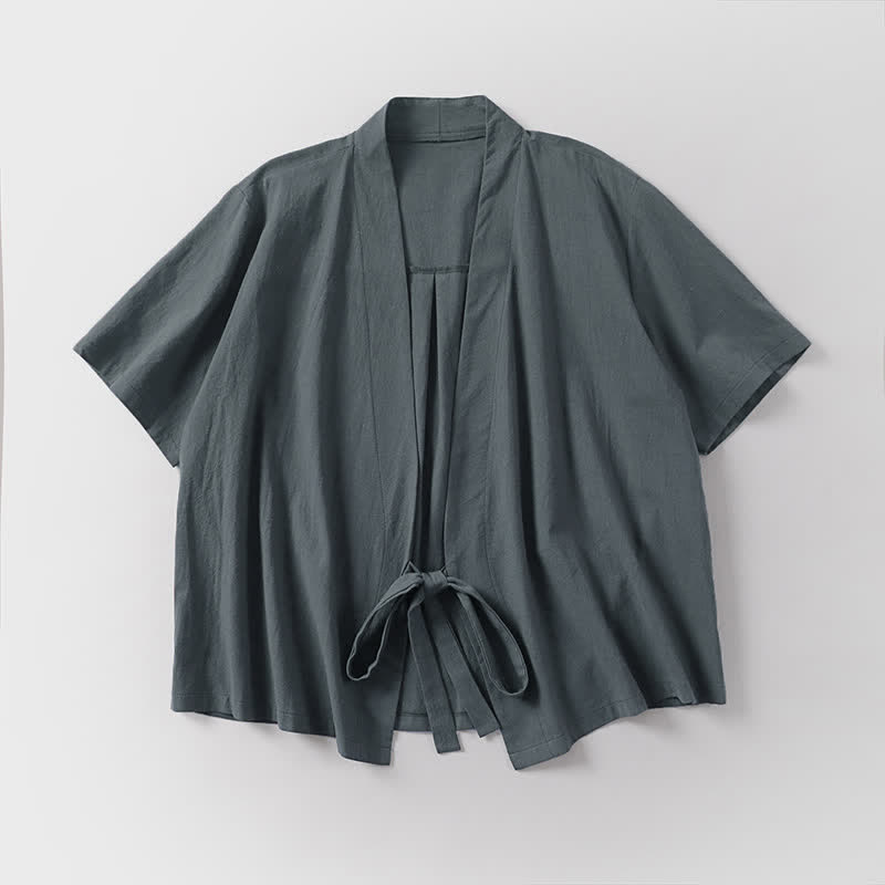 Nimara Ritual Summer Casual Minimalist Short Sleeve Solid Lace-up Open Front Cotton Linen Men's Kimono