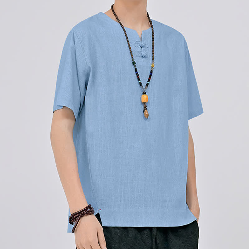 Nimara Ritual Summer Tang Style Minimalist Two Frog Button Crew Neck Solid Men's Short Sleeve Shirts