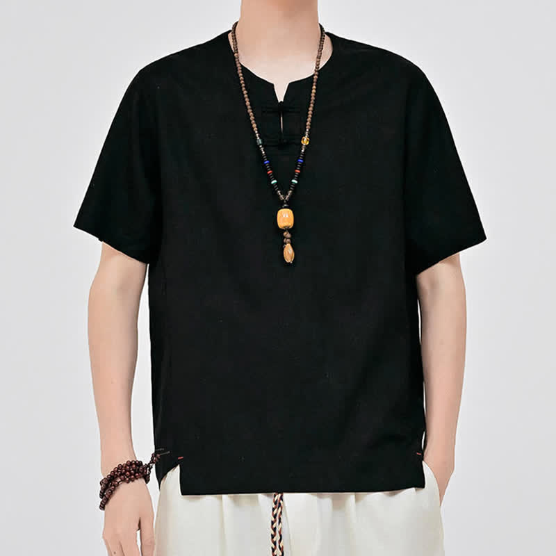 Nimara Ritual Summer Tang Style Minimalist Two Frog Button Crew Neck Solid Men's Short Sleeve Shirts