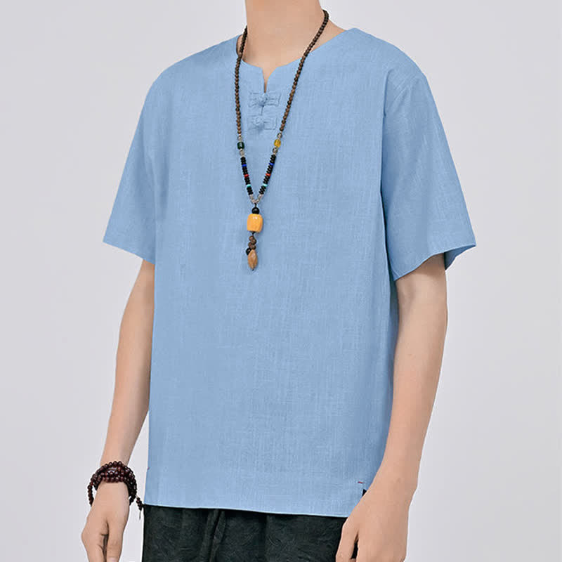 Nimara Ritual Summer Tang Style Minimalist Two Frog Button Crew Neck Solid Men's Short Sleeve Shirts