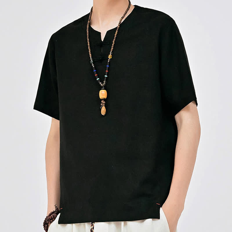Nimara Ritual Summer Tang Style Minimalist Two Frog Button Crew Neck Solid Men's Short Sleeve Shirts