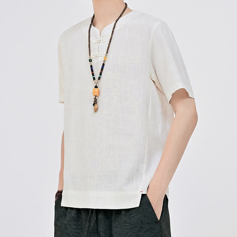 Nimara Ritual Summer Tang Style Minimalist Two Frog Button Crew Neck Solid Men's Short Sleeve Shirts
