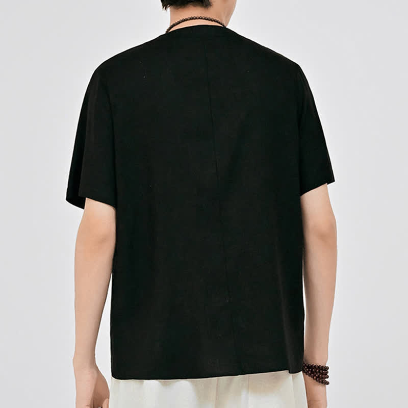 Nimara Ritual Summer Tang Style Minimalist Two Frog Button Crew Neck Solid Men's Short Sleeve Shirts
