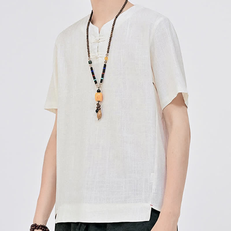 Nimara Ritual Summer Tang Style Minimalist Two Frog Button Crew Neck Solid Men's Short Sleeve Shirts