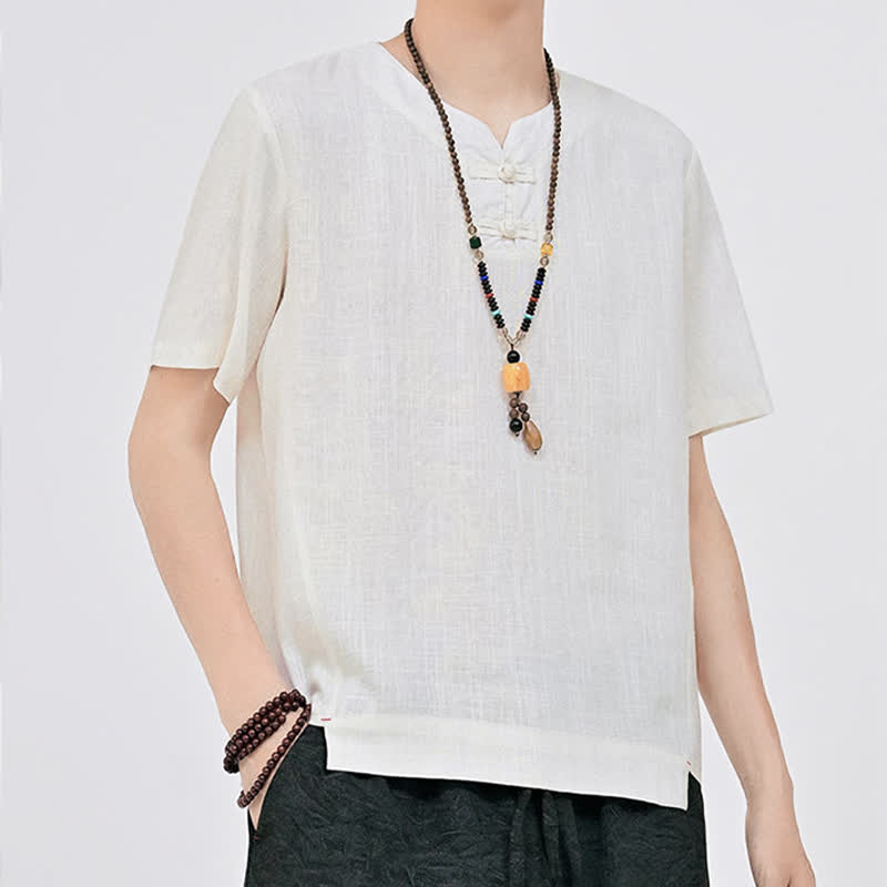 Nimara Ritual Summer Tang Style Minimalist Two Frog Button Crew Neck Solid Men's Short Sleeve Shirts