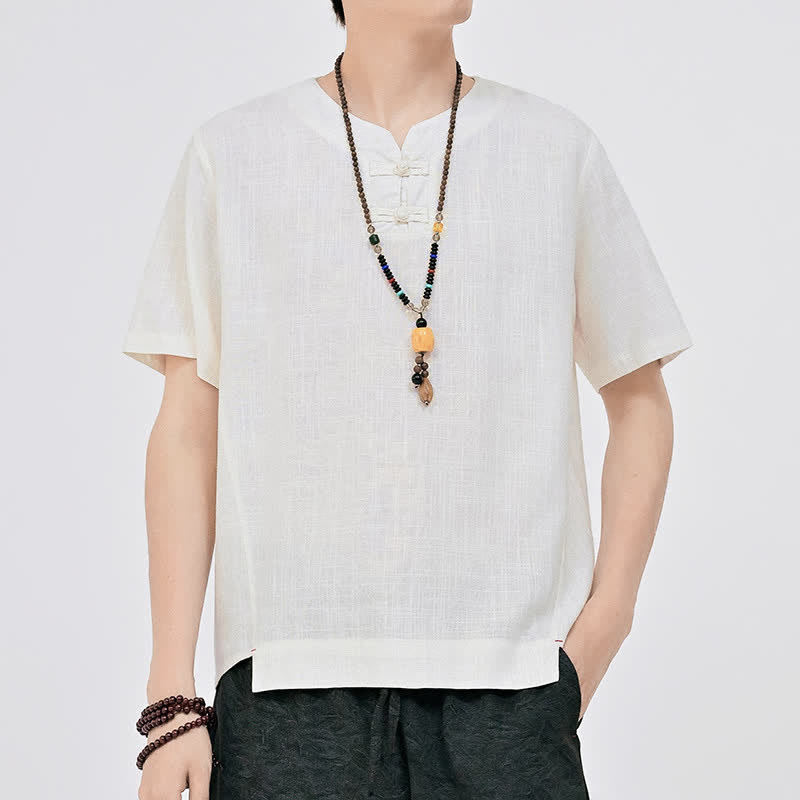 Nimara Ritual Summer Tang Style Minimalist Two Frog Button Crew Neck Solid Men's Short Sleeve Shirts
