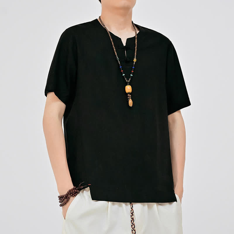 Nimara Ritual Summer Tang Style Minimalist Two Frog Button Crew Neck Solid Men's Short Sleeve Shirts