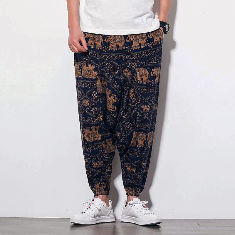 Nimara Ritual Elephant Brown Black Print Men's Long Cropped Harem Pants With Pockets