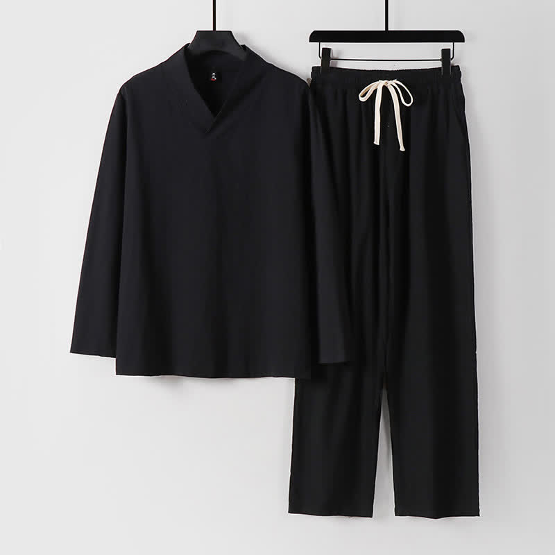 Nimara Ritual Cross-Collars Cotton Linen Tang Suit Hanfu Top Pants Clothing Men's Set