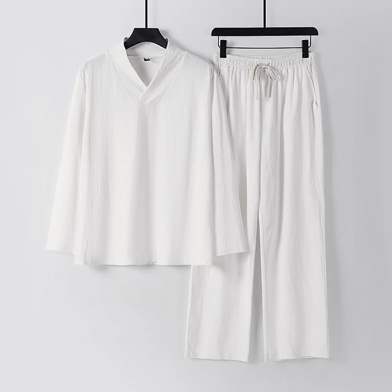Nimara Ritual Cross-Collars Cotton Linen Tang Suit Hanfu Top Pants Clothing Men's Set