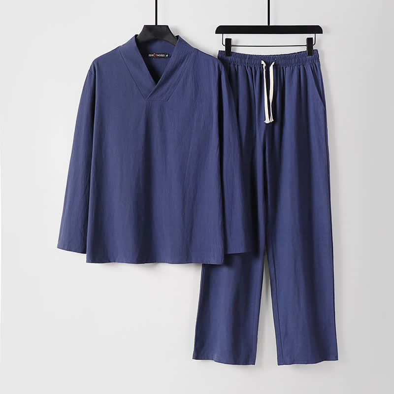 Nimara Ritual Cross-Collars Cotton Linen Tang Suit Hanfu Top Pants Clothing Men's Set