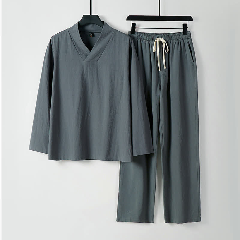 Nimara Ritual Cross-Collars Cotton Linen Tang Suit Hanfu Top Pants Clothing Men's Set