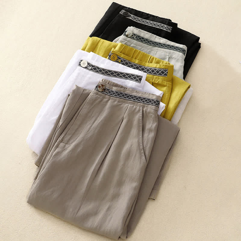 Nimara Ritual Solid Color Front Button Back Elastic Women's Pants With Pockets