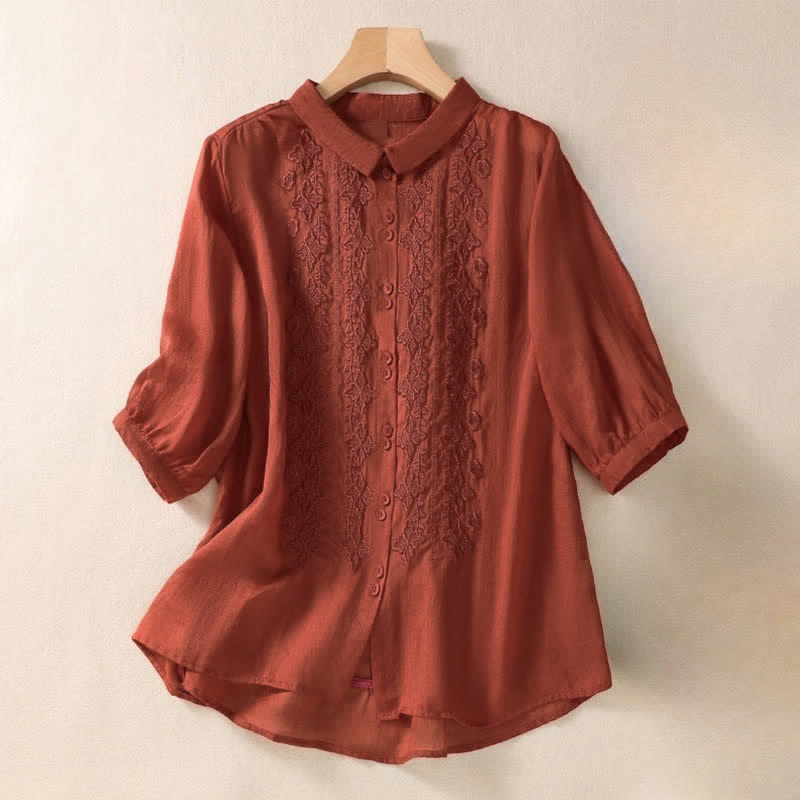 Nimara Ritual Summer Plain Button Embroidery Flower Pattern Three Quarter Sleeve Lapel Women's Shirt