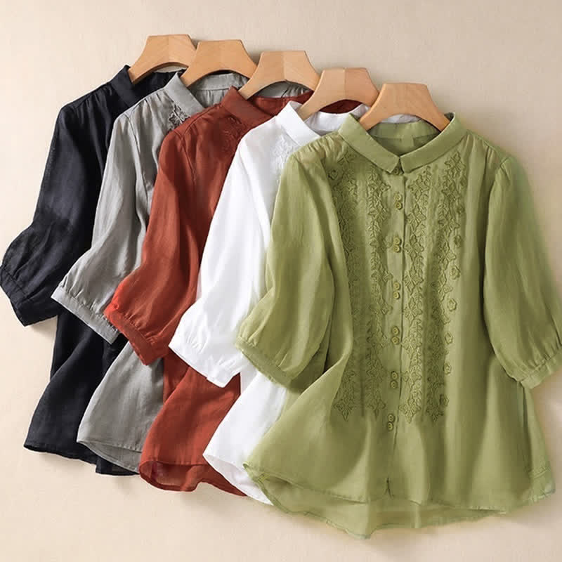 Nimara Ritual Summer Plain Button Embroidery Flower Pattern Three Quarter Sleeve Lapel Women's Shirt