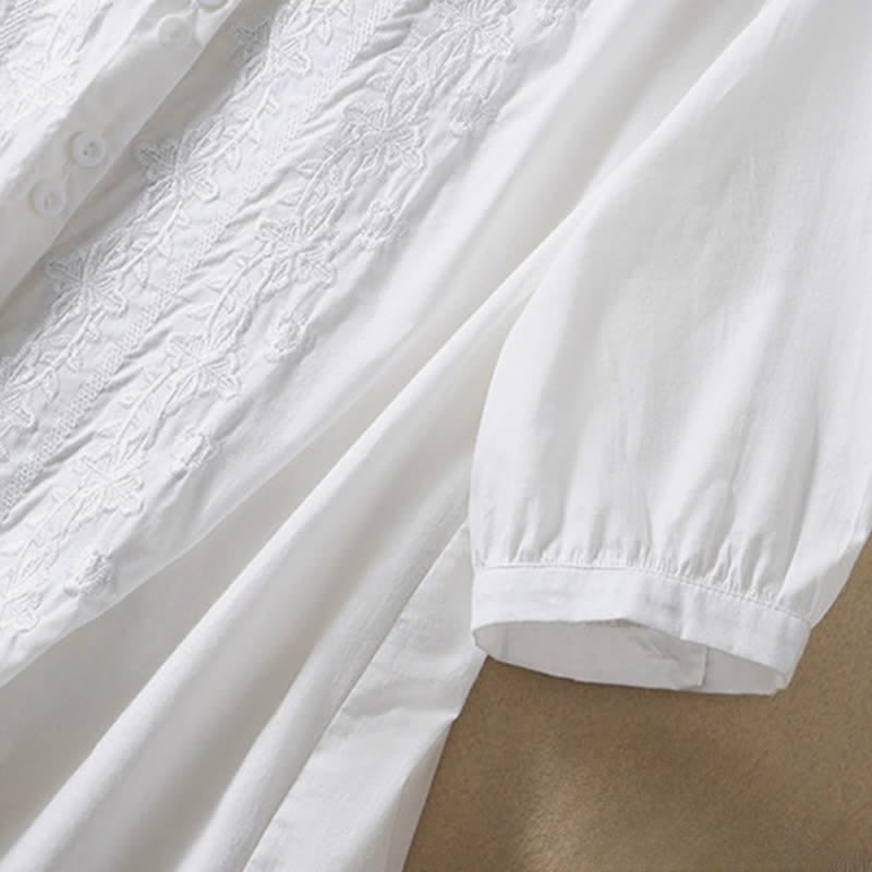 Nimara Ritual Summer Plain Button Embroidery Flower Pattern Three Quarter Sleeve Lapel Women's Shirt