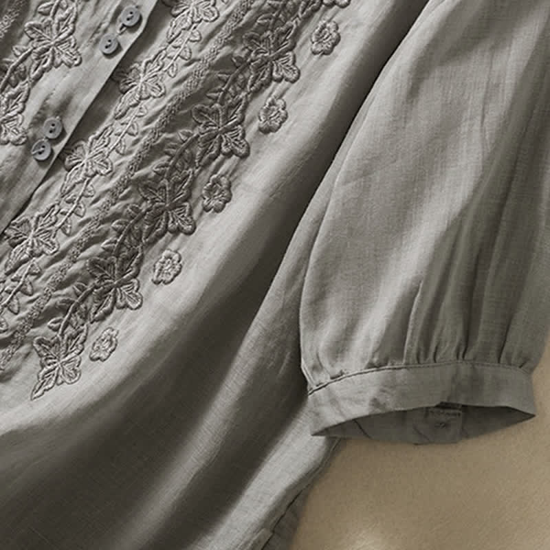 Nimara Ritual Summer Plain Button Embroidery Flower Pattern Three Quarter Sleeve Lapel Women's Shirt