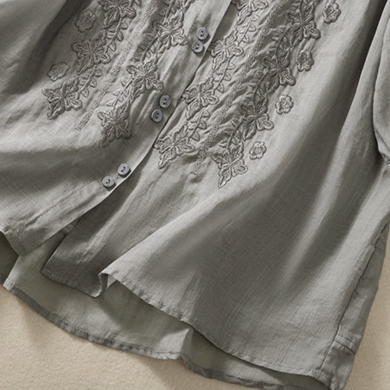 Nimara Ritual Summer Plain Button Embroidery Flower Pattern Three Quarter Sleeve Lapel Women's Shirt