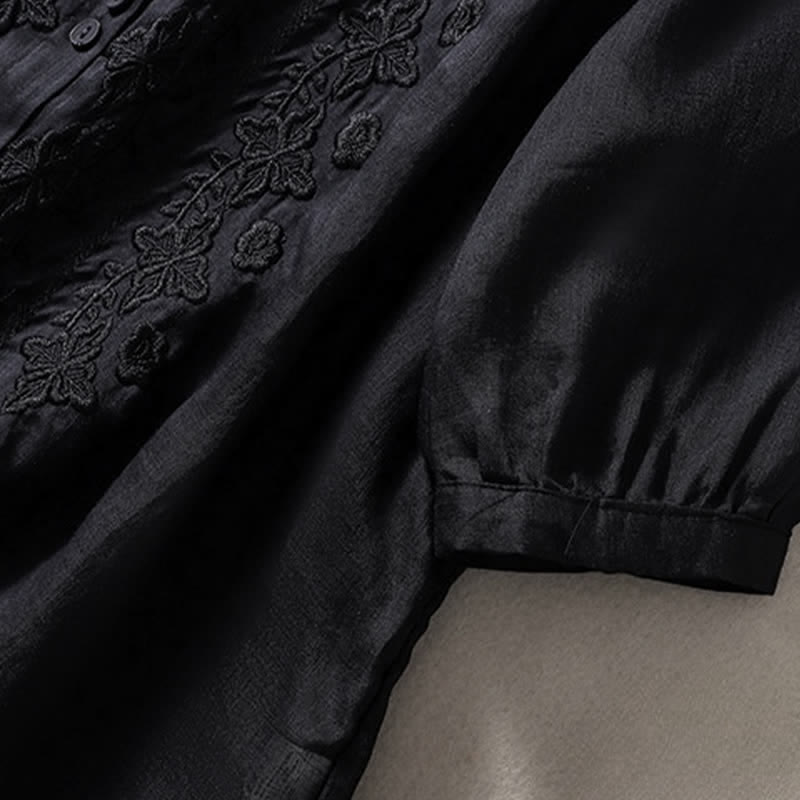 Nimara Ritual Summer Plain Button Embroidery Flower Pattern Three Quarter Sleeve Lapel Women's Shirt