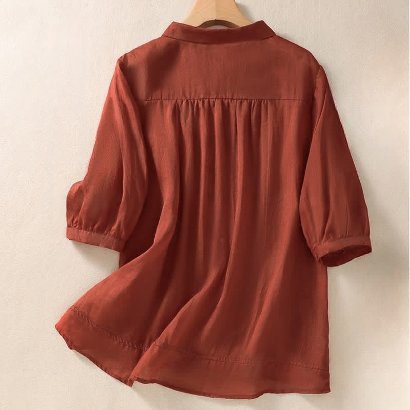 Nimara Ritual Summer Plain Button Embroidery Flower Pattern Three Quarter Sleeve Lapel Women's Shirt