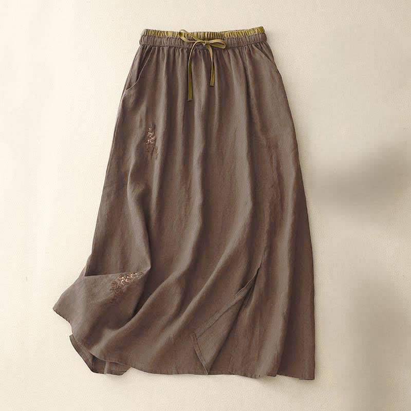 Nimara Ritual Vintage Solid Embroidery Drawstring Women's Skirt With Pockets