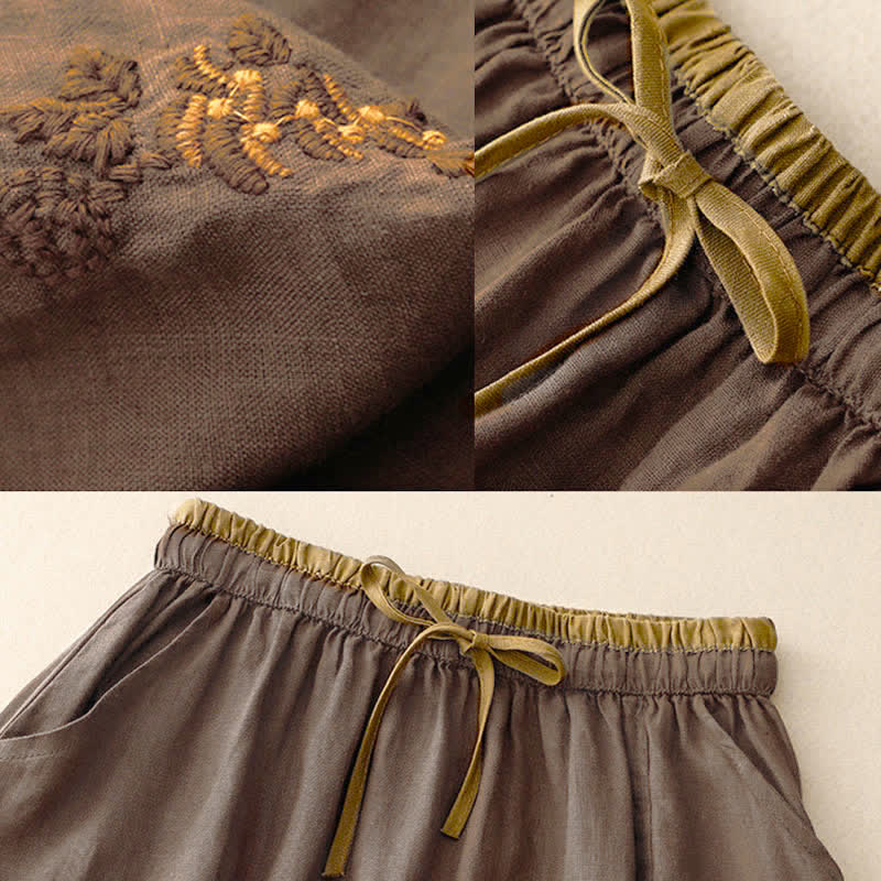 Nimara Ritual Vintage Solid Embroidery Drawstring Women's Skirt With Pockets