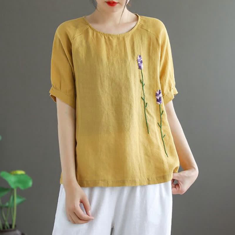 Nimara Ritual Summer Vintage Embroidered Flower Pattern Women's Crew Neck Design T-Shirt