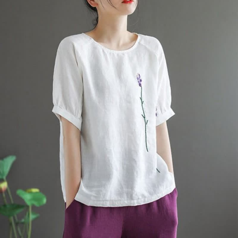 Nimara Ritual Summer Vintage Embroidered Flower Pattern Women's Crew Neck Design T-Shirt