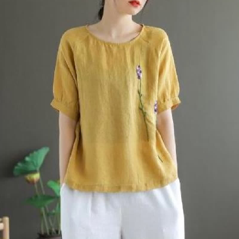 Nimara Ritual Summer Vintage Embroidered Flower Pattern Women's Crew Neck Design T-Shirt