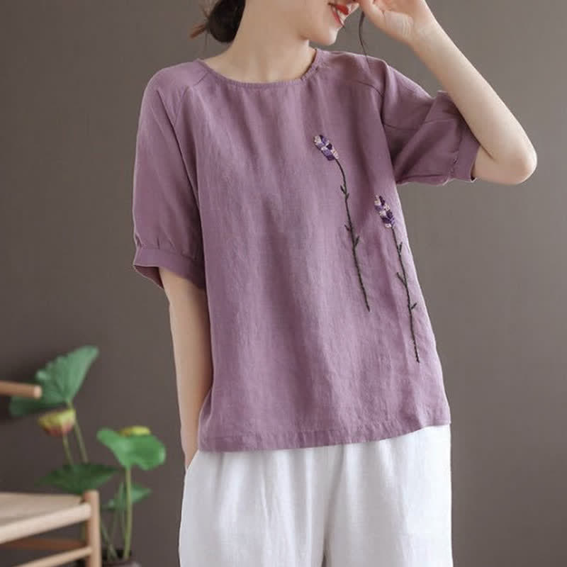 Nimara Ritual Summer Vintage Embroidered Flower Pattern Women's Crew Neck Design T-Shirt