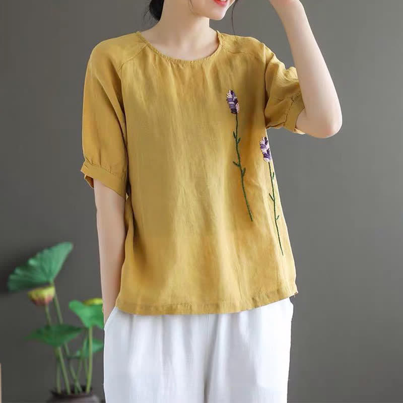 Nimara Ritual Summer Vintage Embroidered Flower Pattern Women's Crew Neck Design T-Shirt