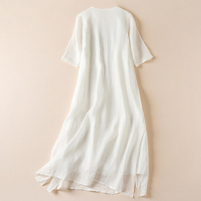 Nimara Ritual Embroidered Leaf Crew Neck Half Sleeve Fiber Midi Dress