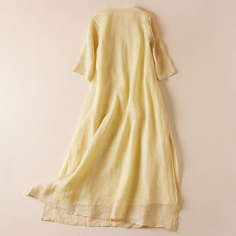Nimara Ritual Embroidered Leaf Crew Neck Half Sleeve Fiber Midi Dress