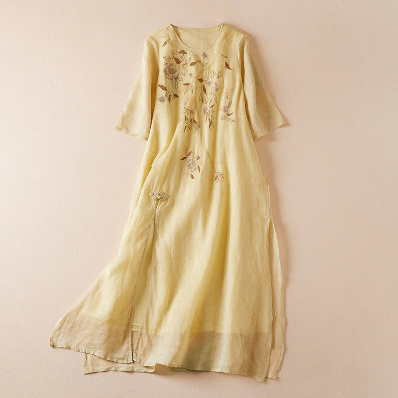 Nimara Ritual Embroidered Leaf Crew Neck Half Sleeve Fiber Midi Dress