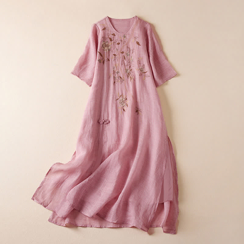 Nimara Ritual Embroidered Leaf Crew Neck Half Sleeve Fiber Midi Dress