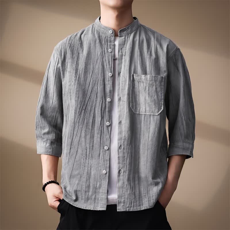 Nimara Ritual Spring Summer Casual Mandarin Collar Solid Cotton Men's Long Sleeve Shirts With Patch Pocket