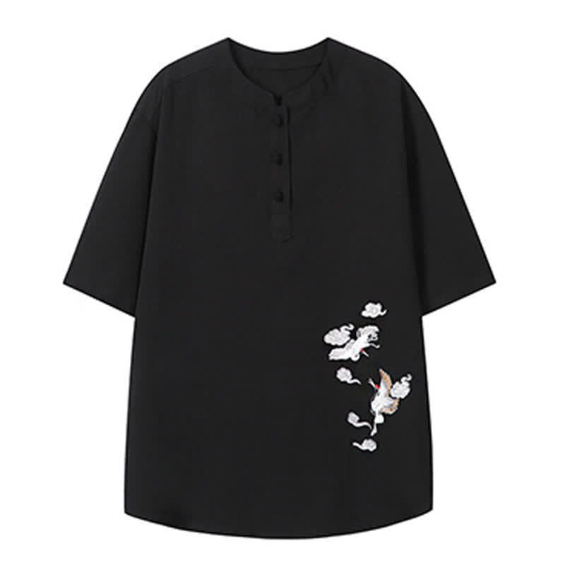 Nimara Ritual Summer Tang Style Casual Mandarin Collar Embroidery Crane Men's Short Sleeve Shirts