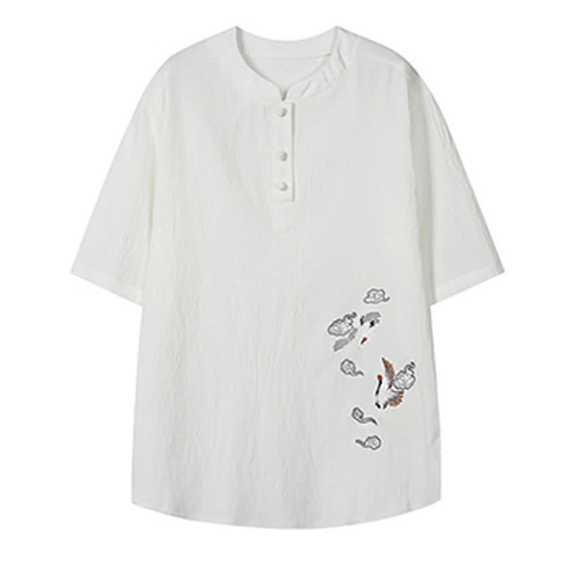 Nimara Ritual Summer Tang Style Casual Mandarin Collar Embroidery Crane Men's Short Sleeve Shirts