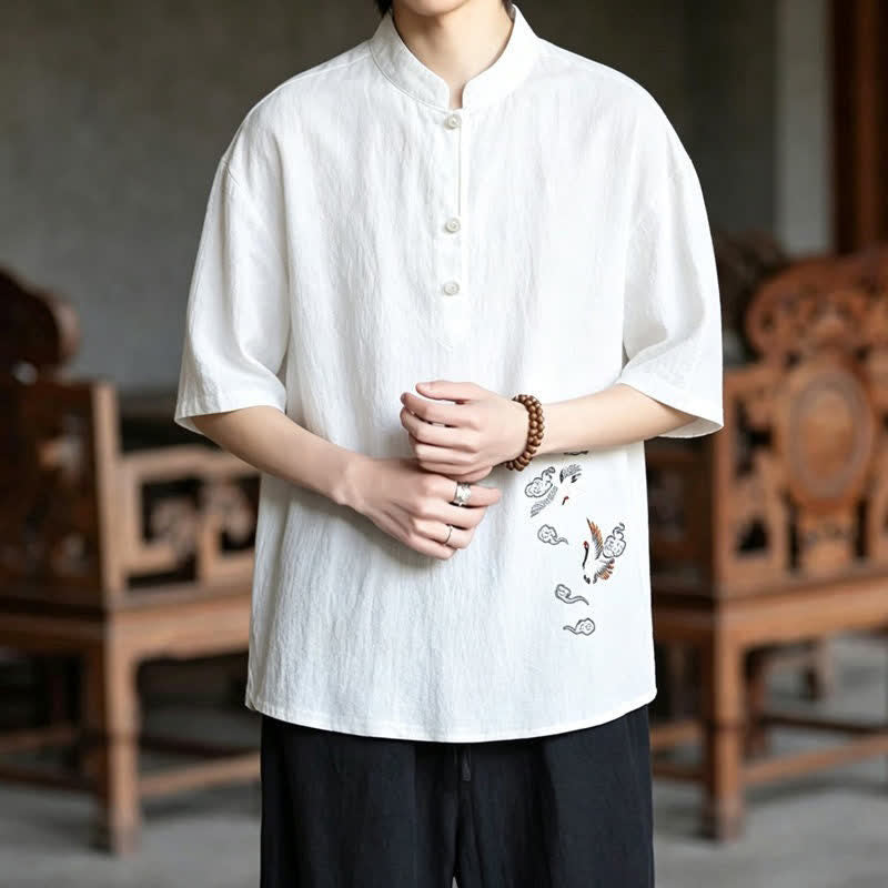 Nimara Ritual Summer Tang Style Casual Mandarin Collar Embroidery Crane Men's Short Sleeve Shirts